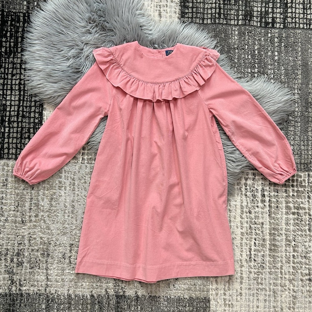 Polo Ralph Lauren Girls Pink Ruffled Cotton‎ Corduroy Dress Size 16 (MSRP $75)